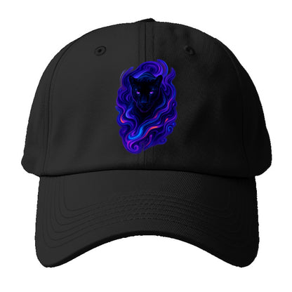 Sleek black panther emerging from swirls of deep purple and electric blue, - Baseball Cap - Black