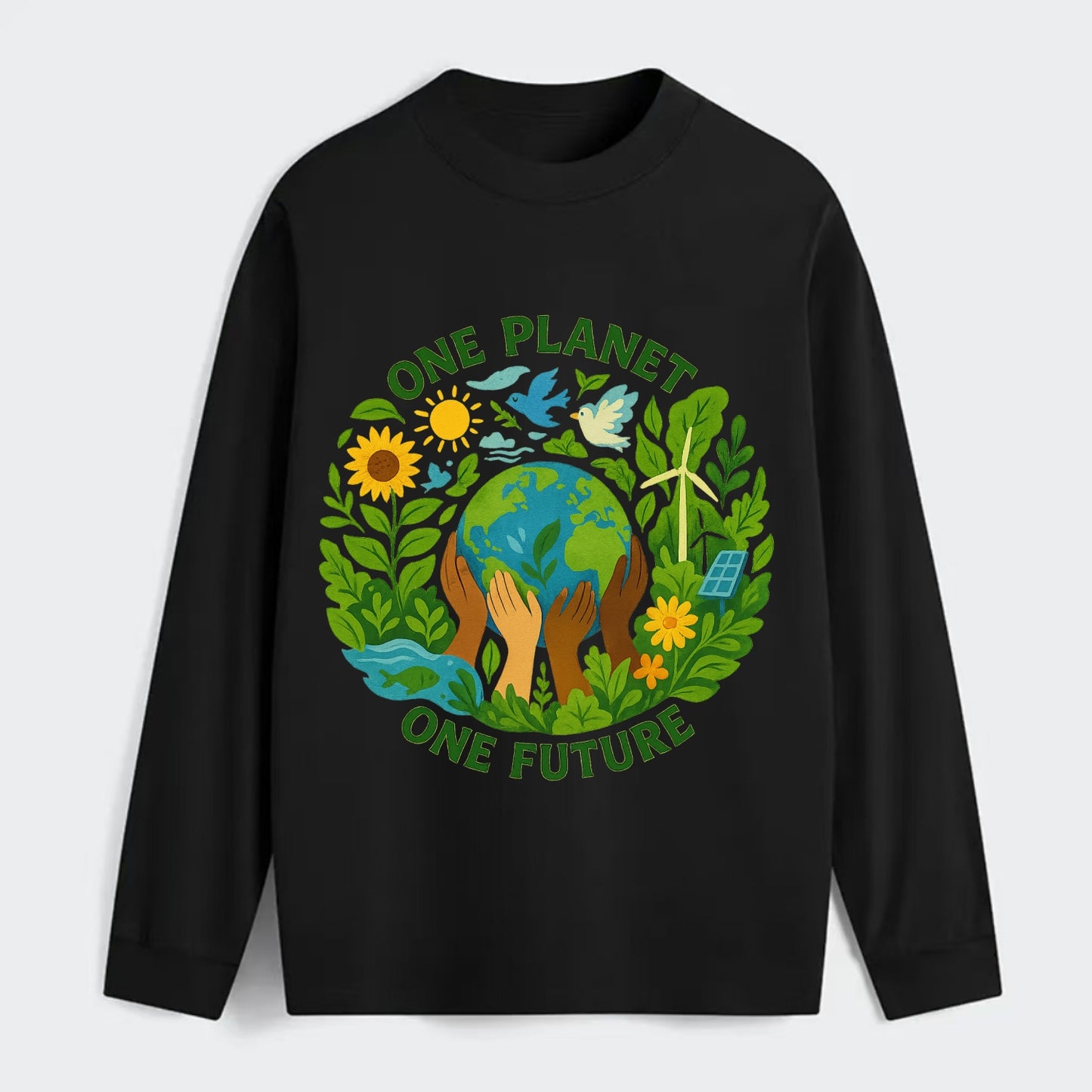 Globe surrounded by hands of all colors working together - "One Planet, - Classic Long Sleeve Shirt - Black