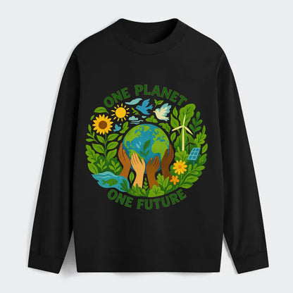 Globe surrounded by hands of all colors working together - "One Planet, - Classic Long Sleeve Shirt - Black