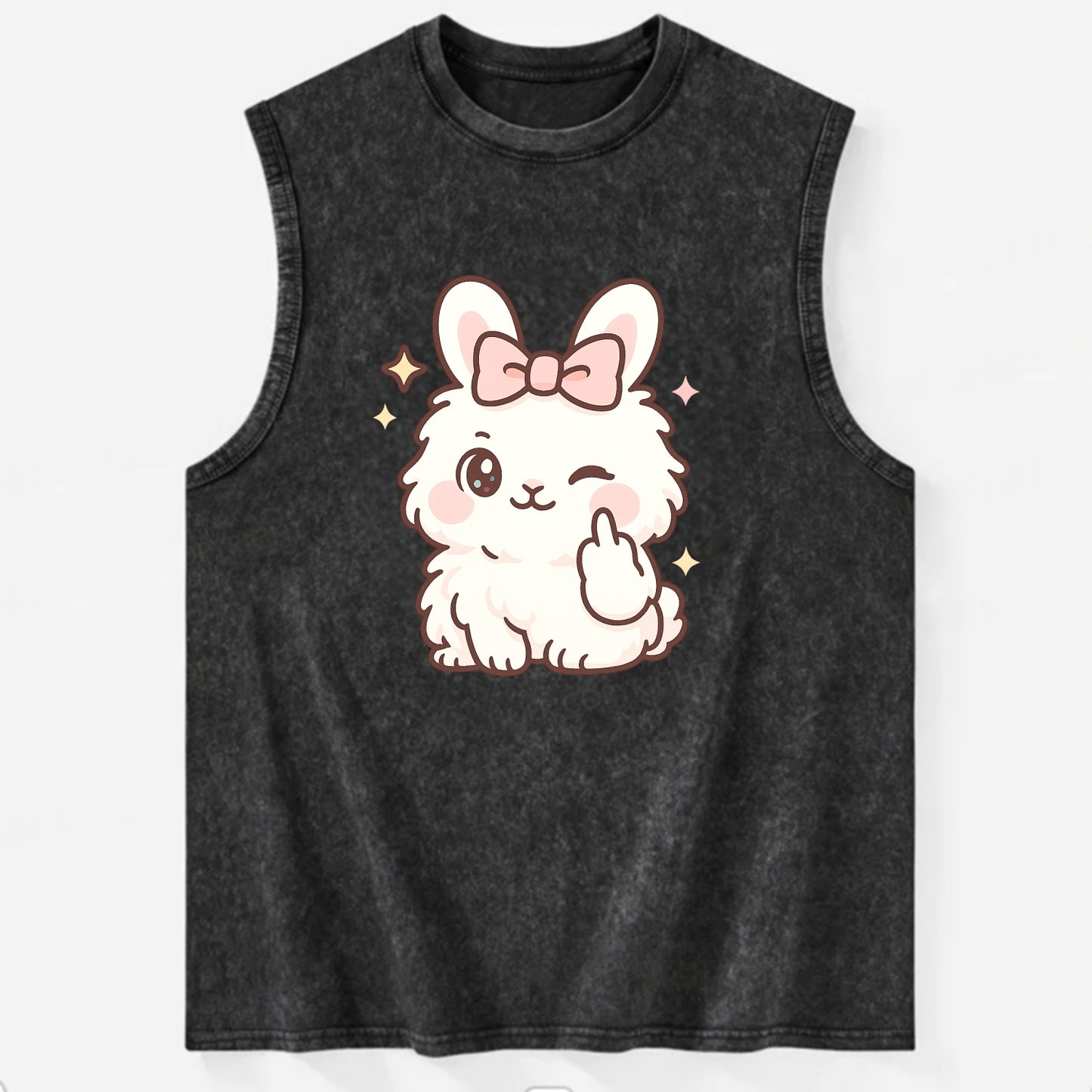 fluffy white angora rabbit with pink bow, one paw delicately flipping off - Vintage Washed Tank - Black