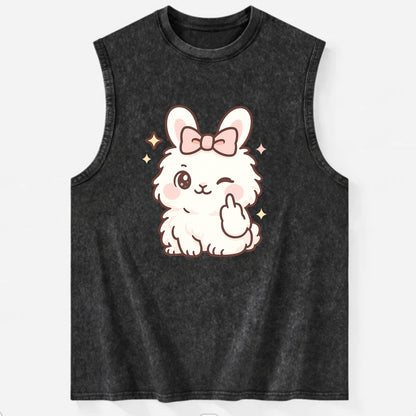 fluffy white angora rabbit with pink bow, one paw delicately flipping off - Vintage Washed Tank - Black