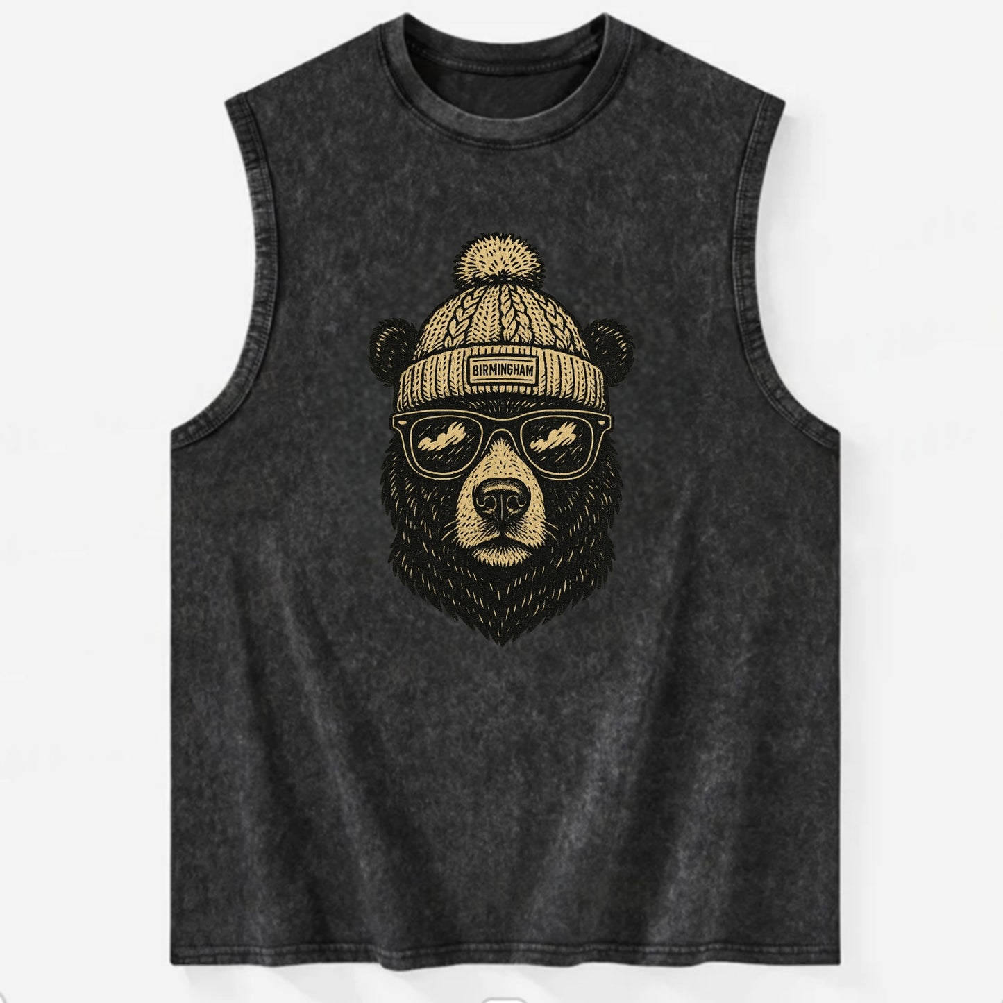 Alabama Black Bear wearing Birmingham beanie with pom pom and wayfarer - Vintage Washed Tank - Black
