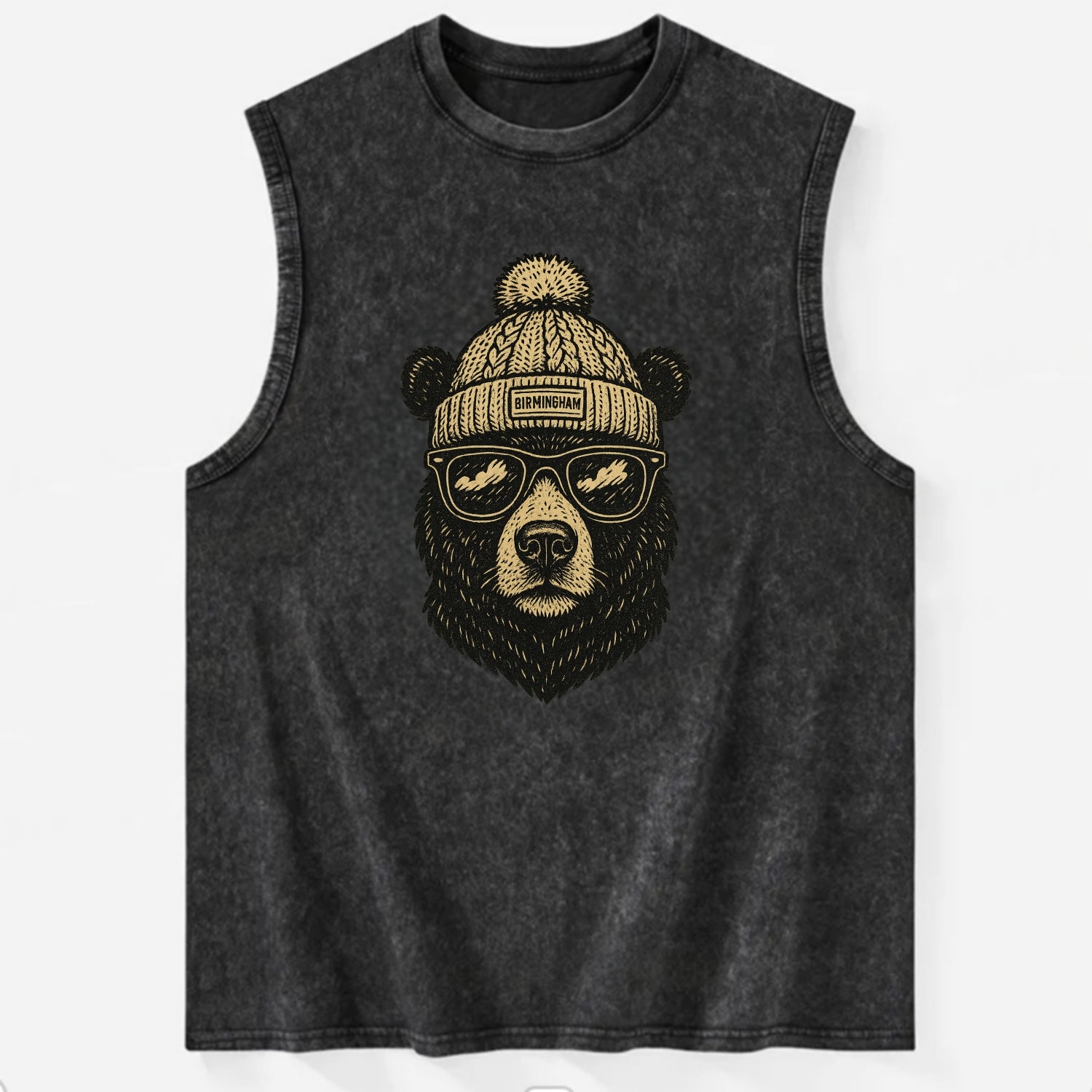 Alabama Black Bear wearing Birmingham beanie with pom pom and wayfarer - Vintage Washed Tank - Black