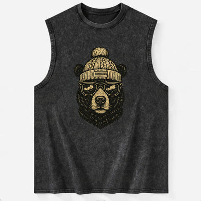Alabama Black Bear wearing Birmingham beanie with pom pom and wayfarer - Vintage Washed Tank - Black