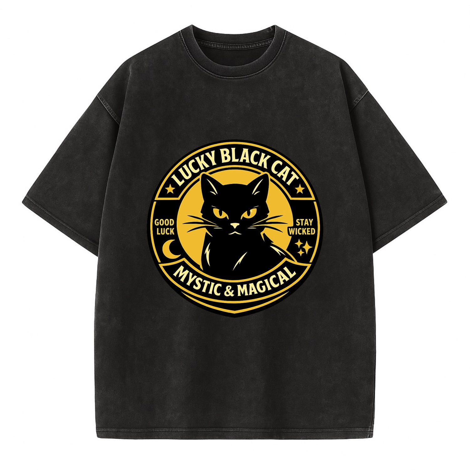 Mystic Feline Emblem - Vintage T-shirt - Black