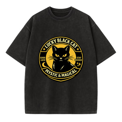 Mystic Feline Emblem - Vintage T-shirt - Black
