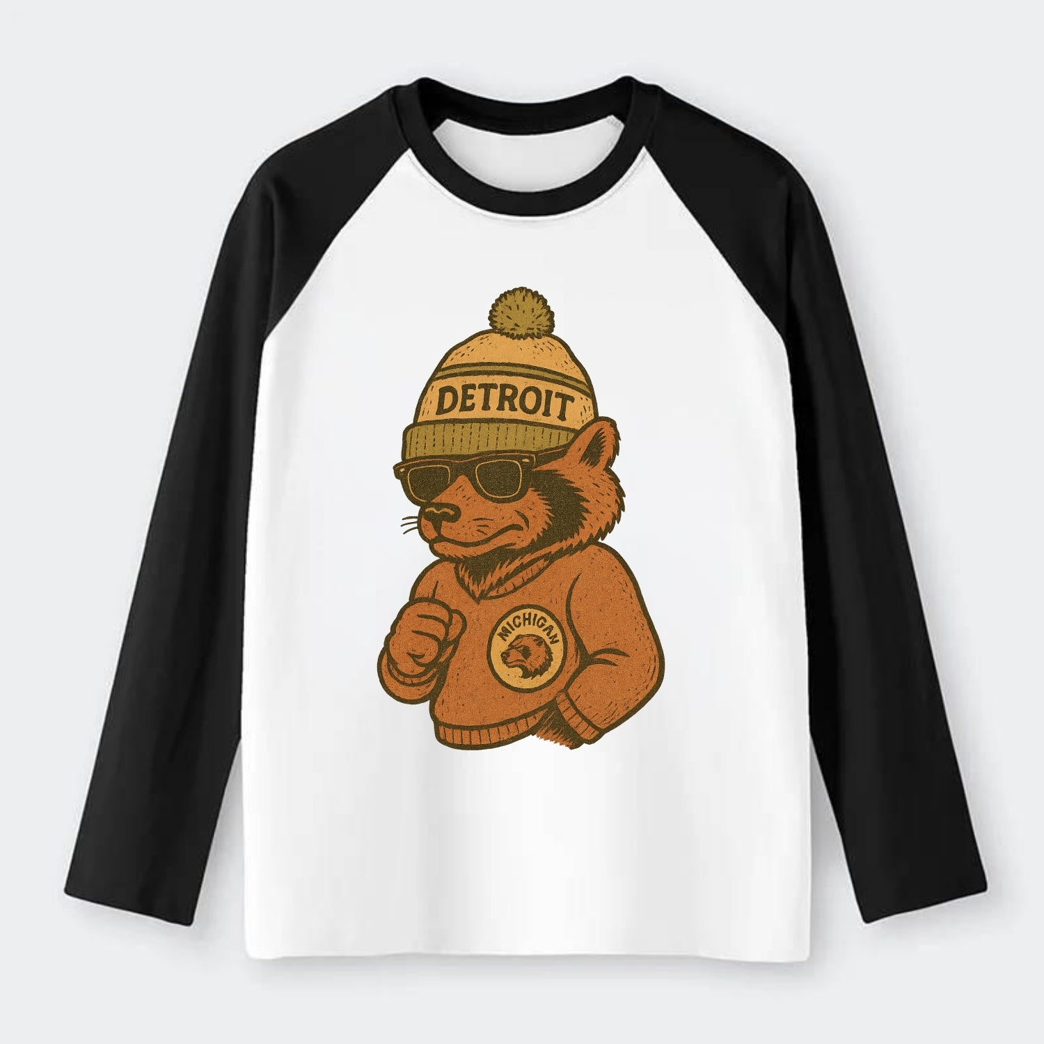 Michigan Wolverine wearing Detroit beanie with pom pom and wayfarer - Raglan Long Sleeve T-Shirt - Black