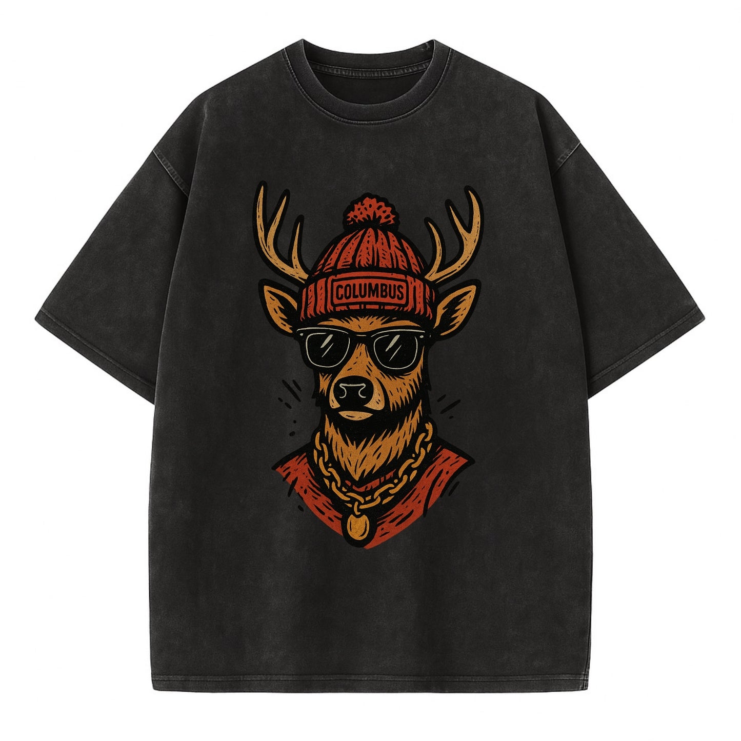 Columbus White-tailed Deer wearing Columbus beanie with pom pom and wayfarer - Vintage T-shirt - Black