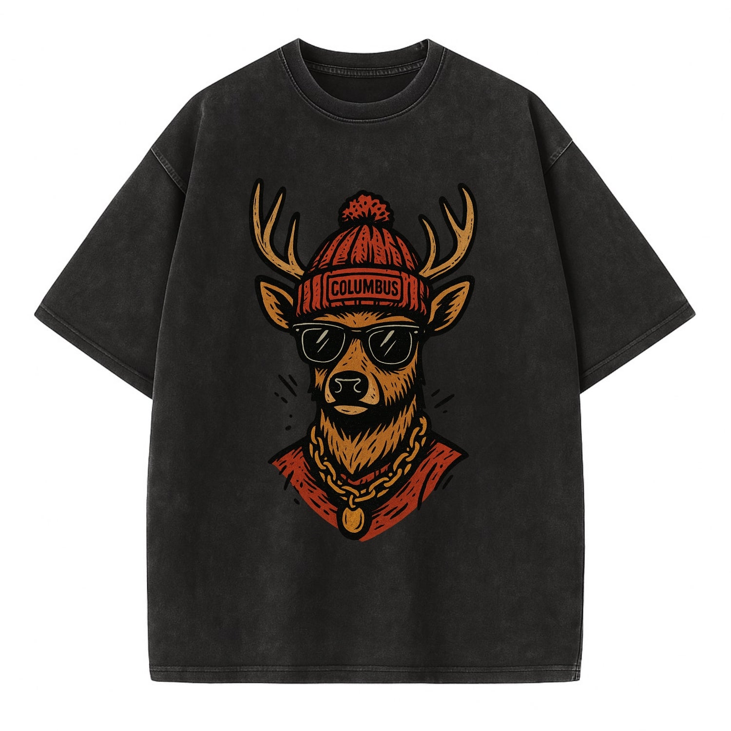 Columbus White-tailed Deer wearing Columbus beanie with pom pom and wayfarer - Vintage T-shirt - Black