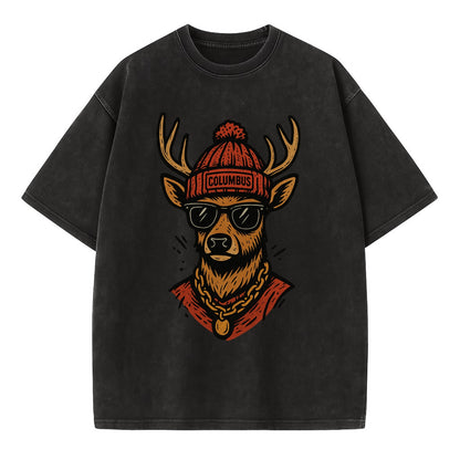 Columbus White-tailed Deer wearing Columbus beanie with pom pom and wayfarer - Vintage T-shirt - Black