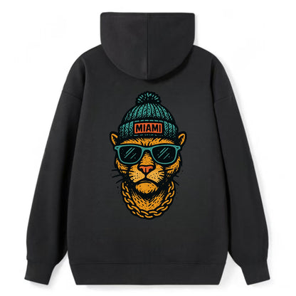 Florida Panther wearing Miami beanie with pom pom and wayfarer sunglasses - Classic Pullover Hoodie - Black