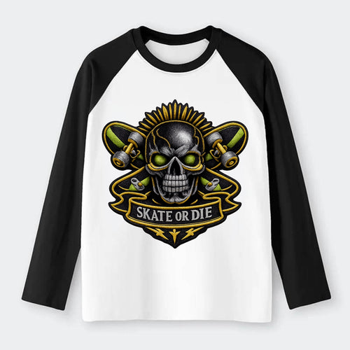 SKATEBOARD SKULL - skull with skateboard in black and neon green , - Raglan Long Sleeve T-Shirt