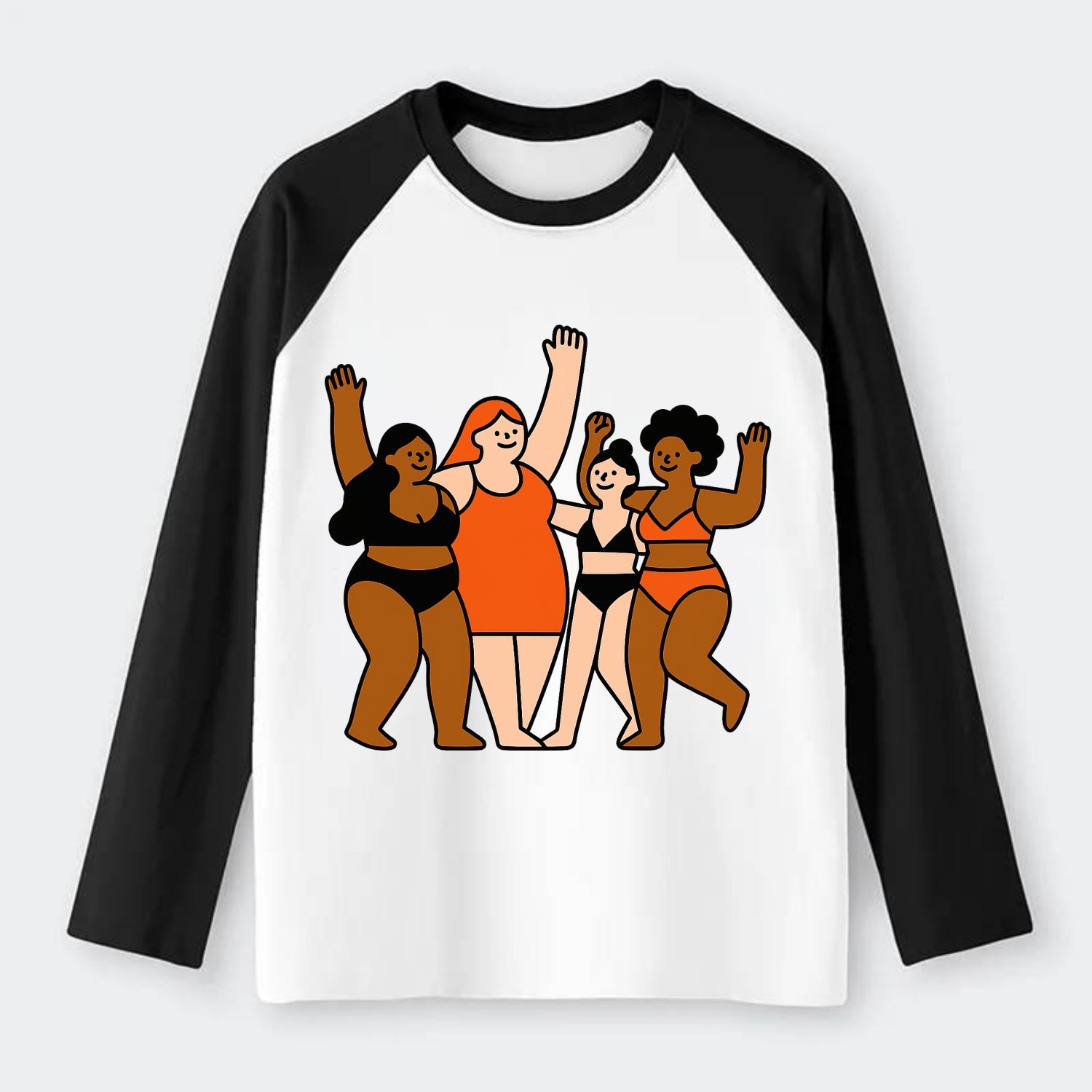 Diverse body types celebrating together - body positivity movement, - Raglan Long Sleeve T-Shirt - Black