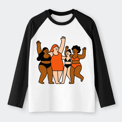 Diverse body types celebrating together - body positivity movement, - Raglan Long Sleeve T-Shirt - Black