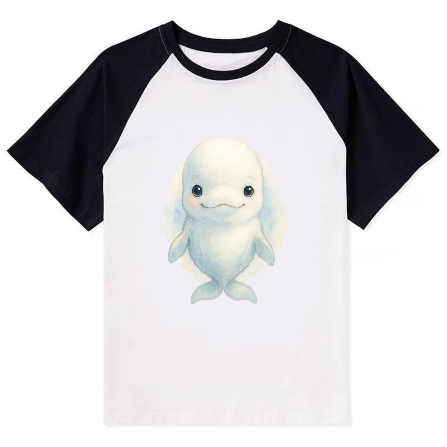 Baby Beluga Whale - pure white, rounded forehead, small eyes with big - Contrast Raglan T-shirt - Black