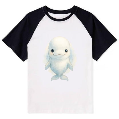Baby Beluga Whale - pure white, rounded forehead, small eyes with big - Contrast Raglan T-shirt - Black