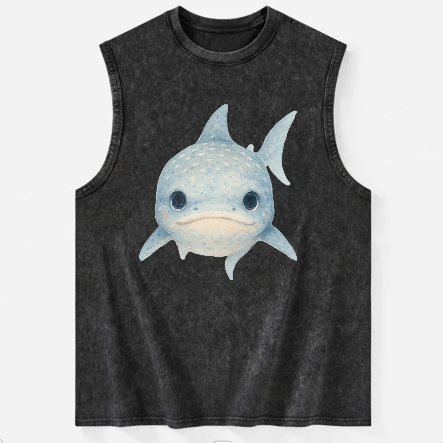 Baby Whale Shark - spotted blue-gray, wide mouth closed, tiny eyes, - Vintage Washed Tank - Black