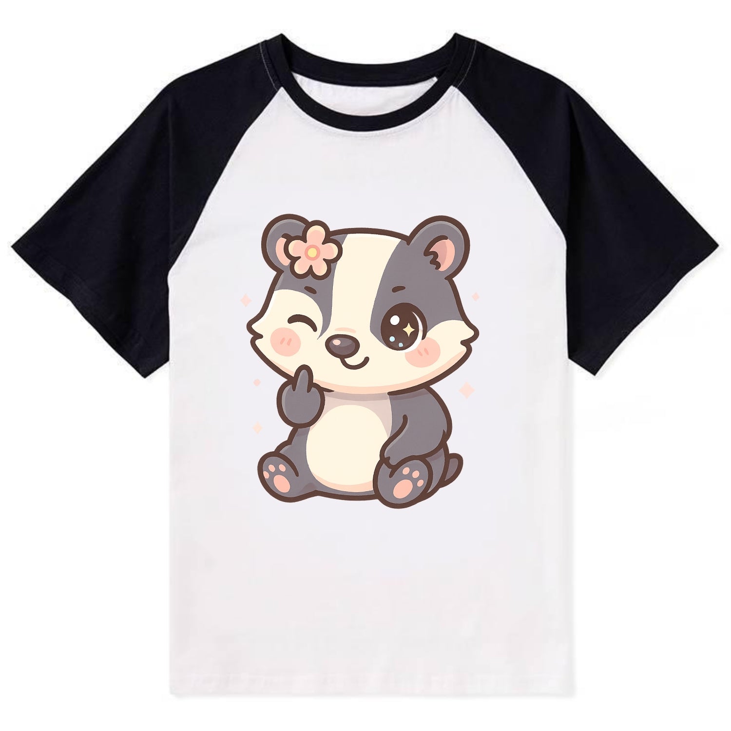 adorable badger with black and white stripes, one paw giving finger - Contrast Raglan T-shirt - Black