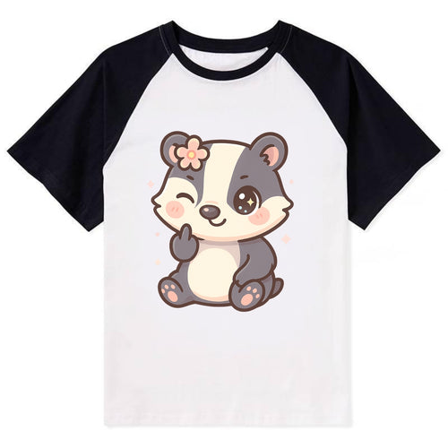 adorable badger with black and white stripes, one paw giving finger - Contrast Raglan T-shirt