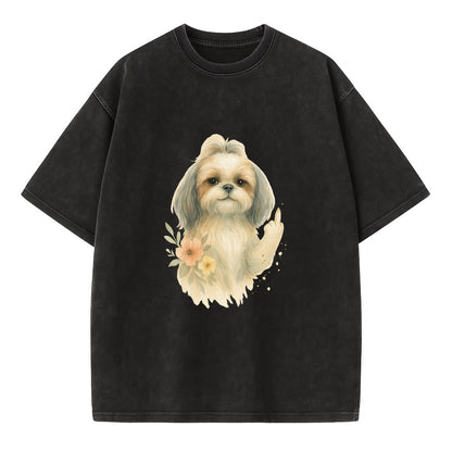 Shih Tzu with long flowing silky hair, tiny paw showing attitude - Vintage T-shirt - Black