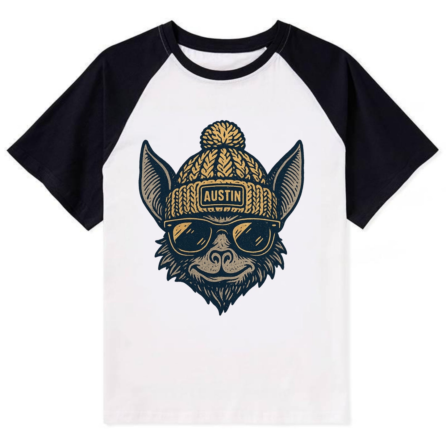 Austin Bat wearing Austin beanie with pom pom and wayfarer sunglasses - Contrast Raglan T-shirt - Black