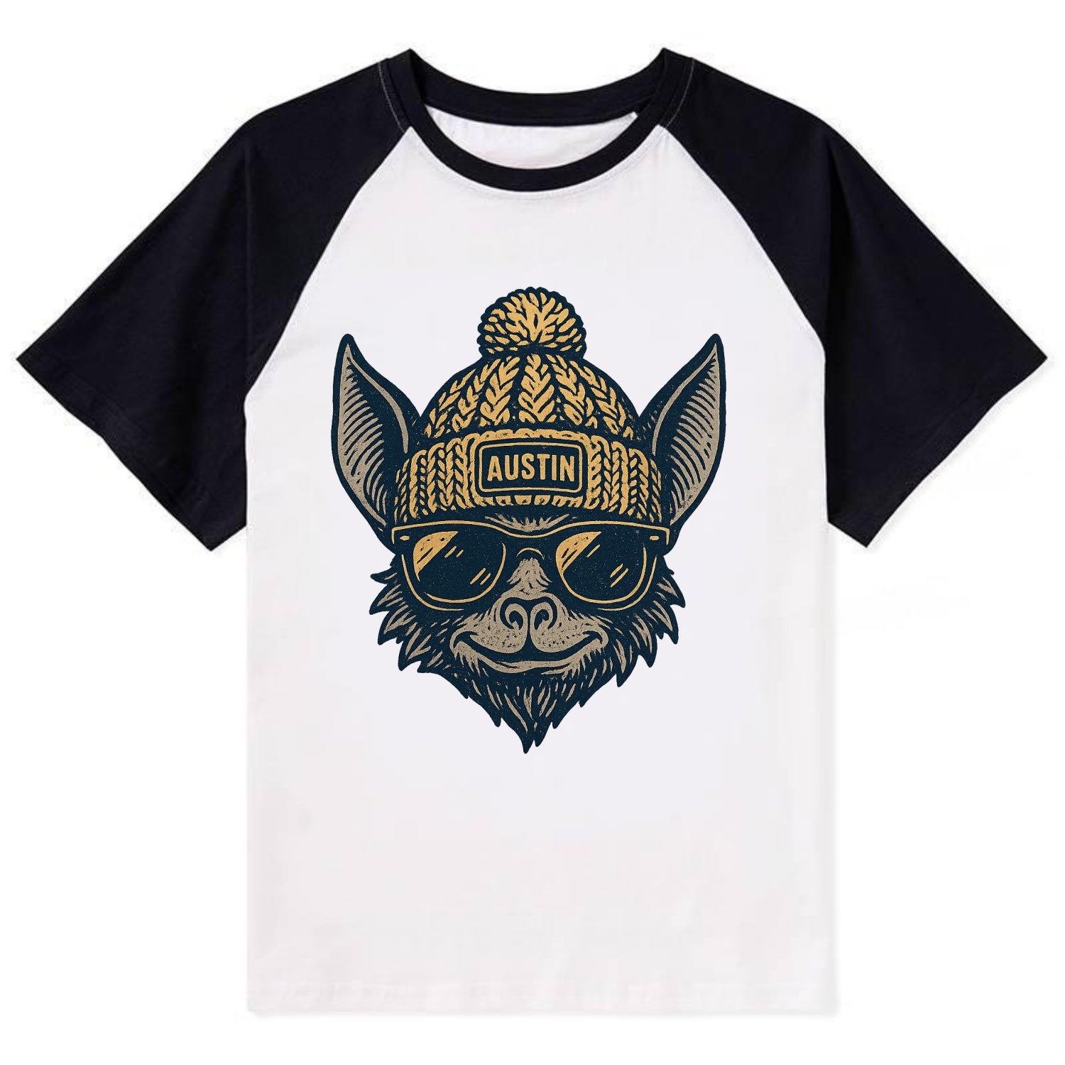 Austin Bat wearing Austin beanie with pom pom and wayfarer sunglasses - Contrast Raglan T-shirt - Black
