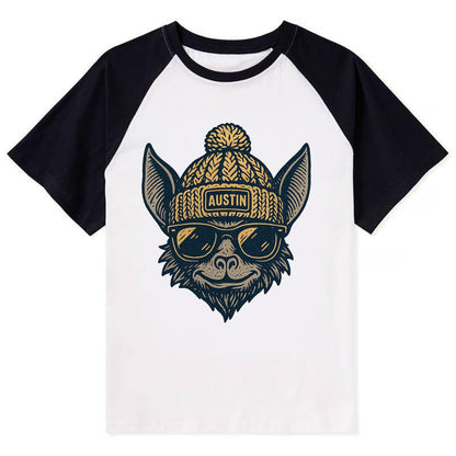 Austin Bat wearing Austin beanie with pom pom and wayfarer sunglasses - Contrast Raglan T-shirt - Black