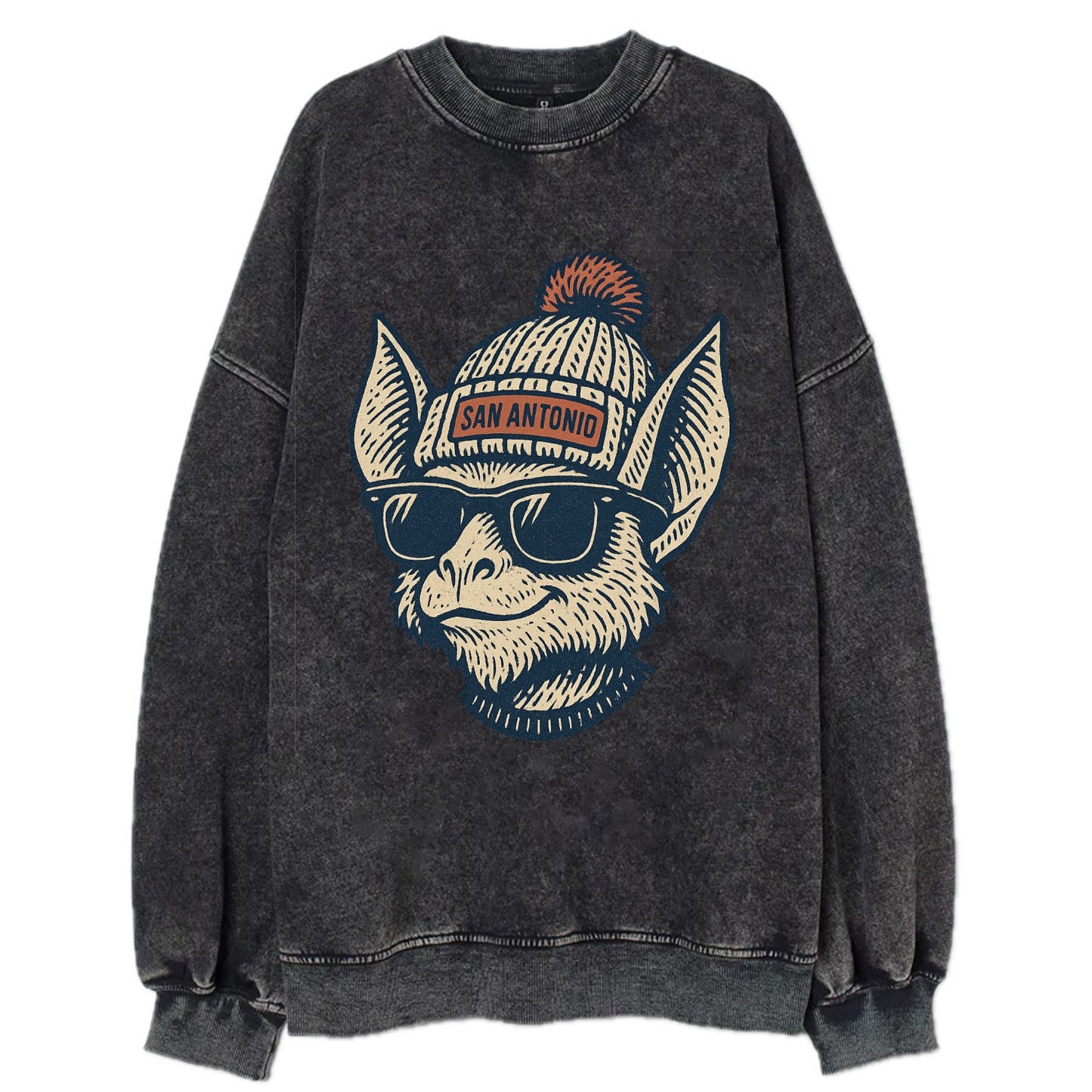 San Antonio Bat wearing San Antonio beanie with pom pom and wayfarer sunglasses - Vintage Sweatshirt - Black