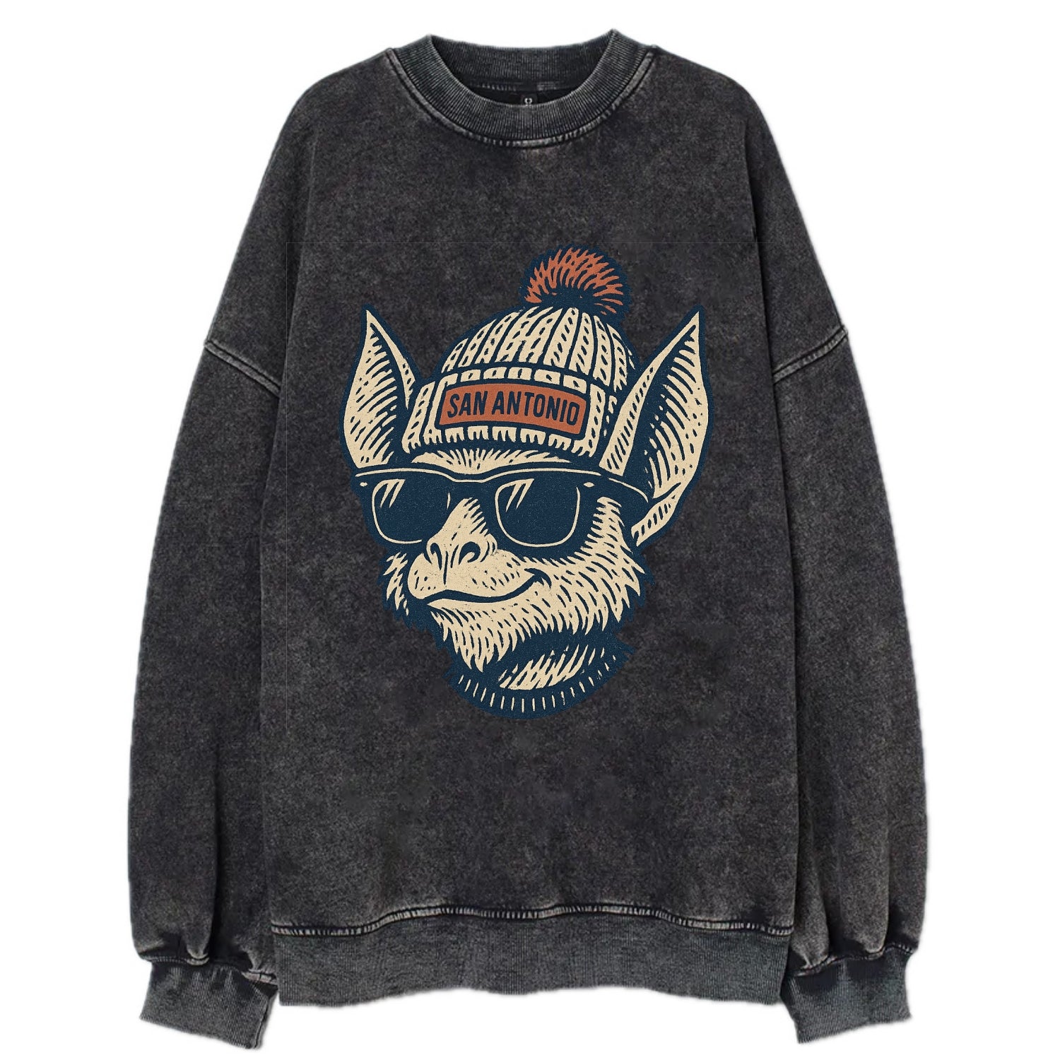 San Antonio Bat wearing San Antonio beanie with pom pom and wayfarer sunglasses - Vintage Sweatshirt - Black