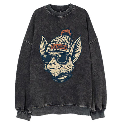 San Antonio Bat wearing San Antonio beanie with pom pom and wayfarer sunglasses - Vintage Sweatshirt - Black