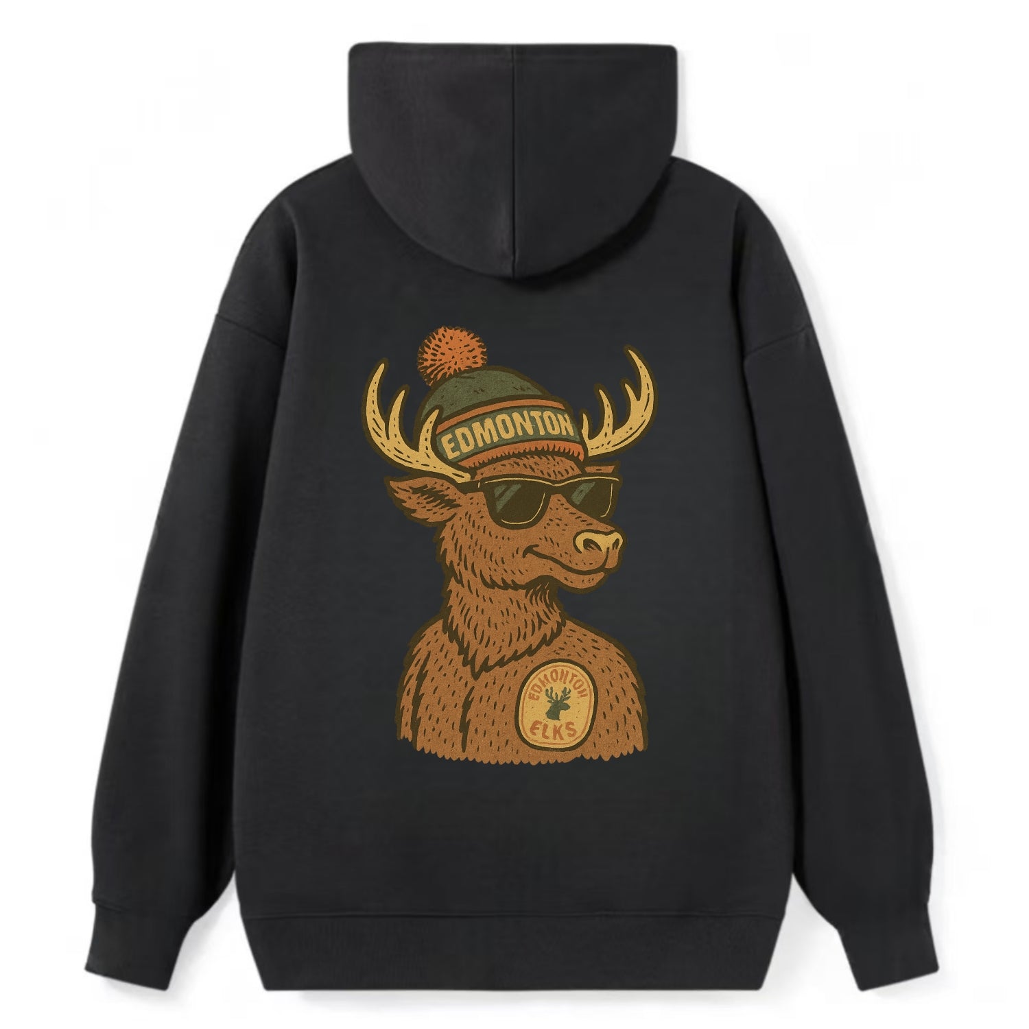 Edmonton Elk wearing Edmonton beanie with pom pom and wayfarer sunglasses - Classic Pullover Hoodie - Black