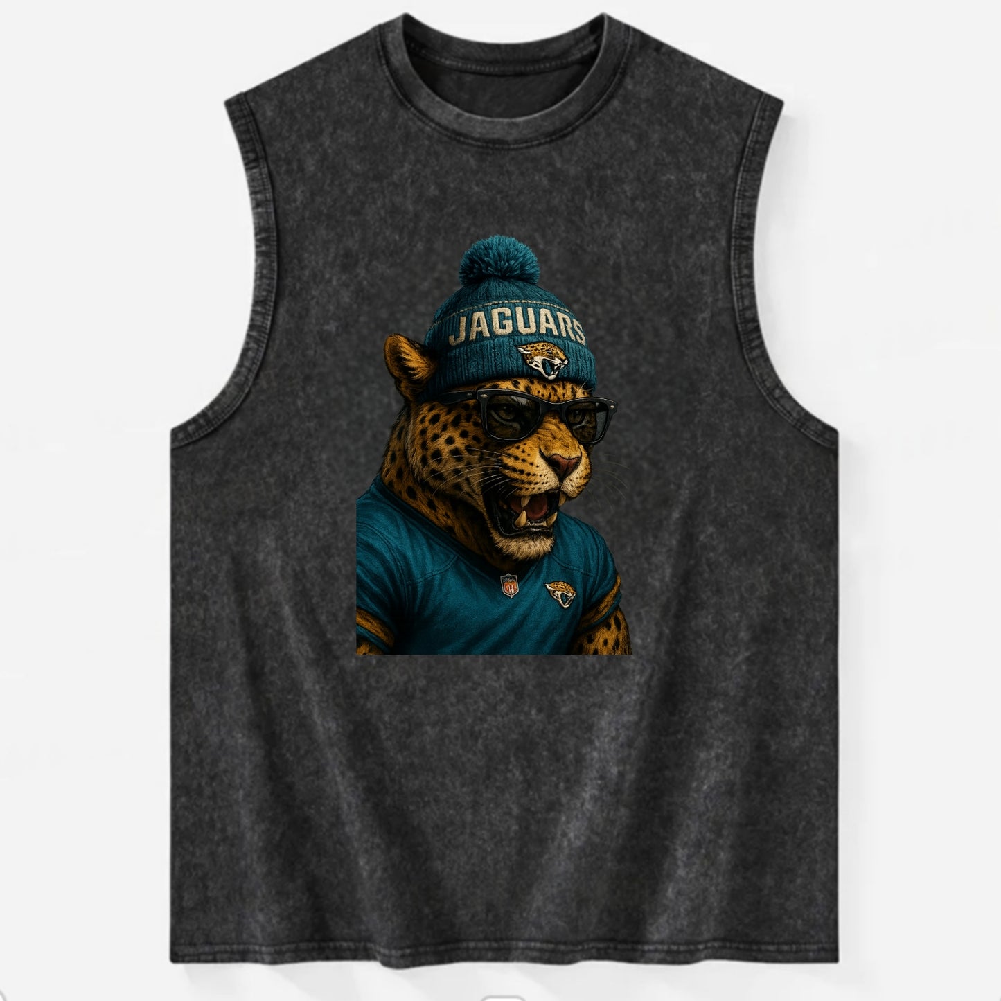Jacksonville Jaguar wearing Jaguars teal and gold beanie with pom pom and - Vintage Washed Tank - Black