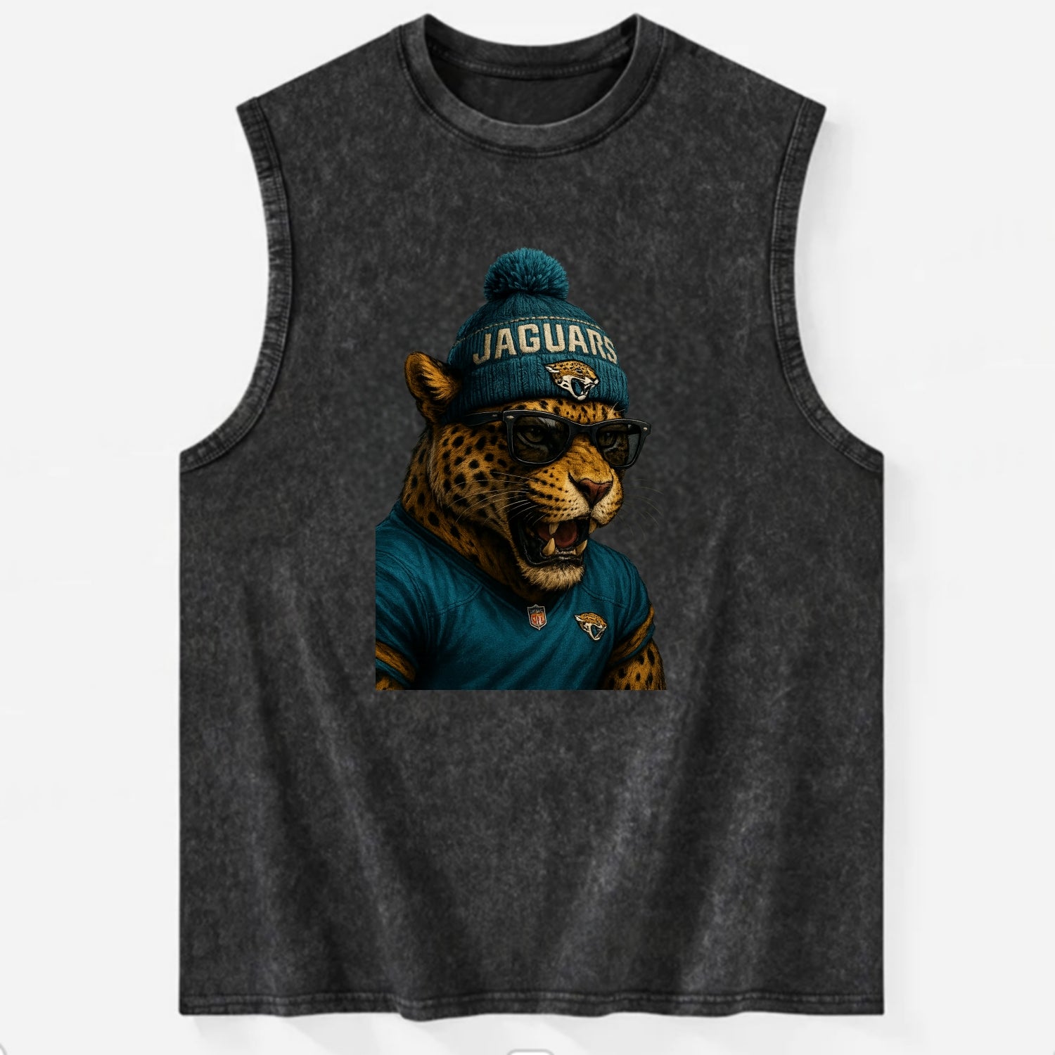 Jacksonville Jaguar wearing Jaguars teal and gold beanie with pom pom and - Vintage Washed Tank - Black
