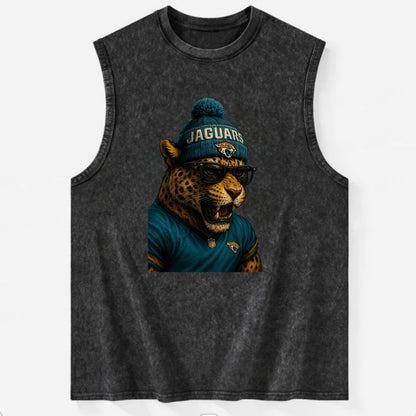 Jacksonville Jaguar wearing Jaguars teal and gold beanie with pom pom and - Vintage Washed Tank - Black