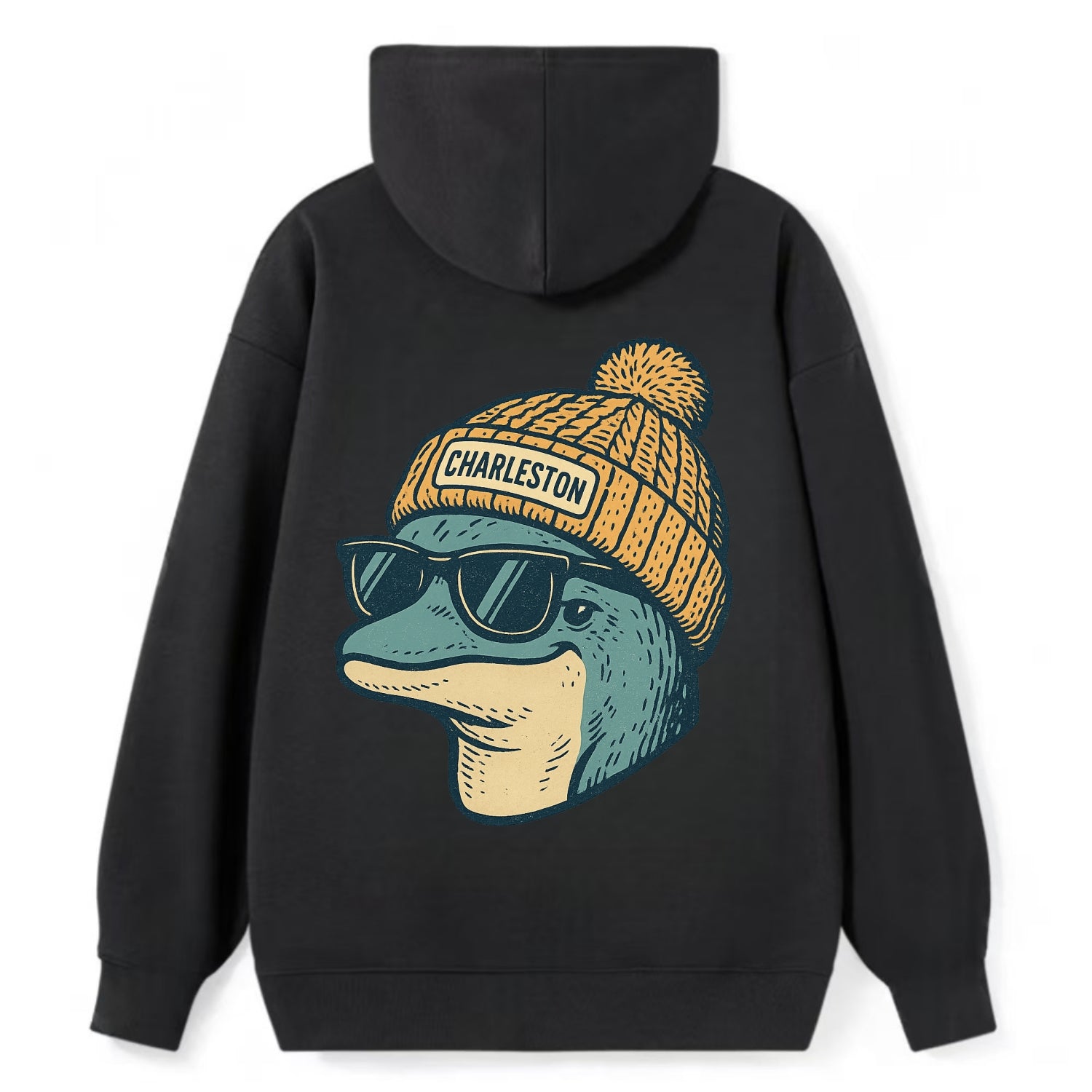 Charleston Dolphin wearing Charleston beanie with pom pom and wayfarer - Classic Pullover Hoodie - Black