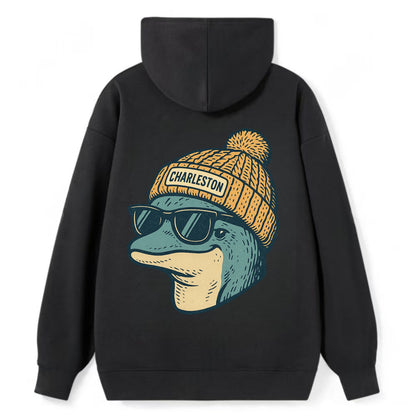 Charleston Dolphin wearing Charleston beanie with pom pom and wayfarer - Classic Pullover Hoodie - Black