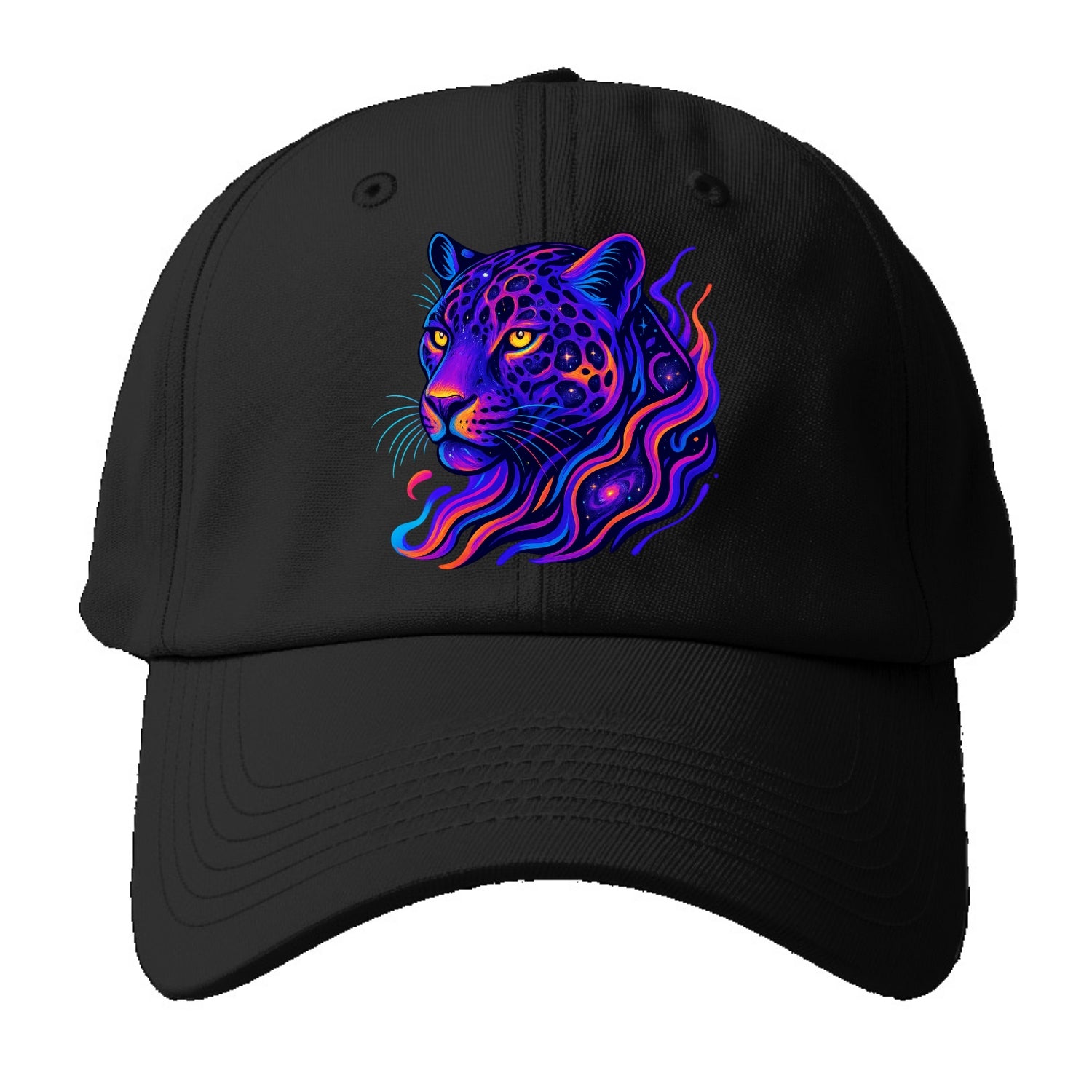 Powerful jaguar with rosettes containing miniature galaxies, cosmic purple and - Baseball Cap - Black