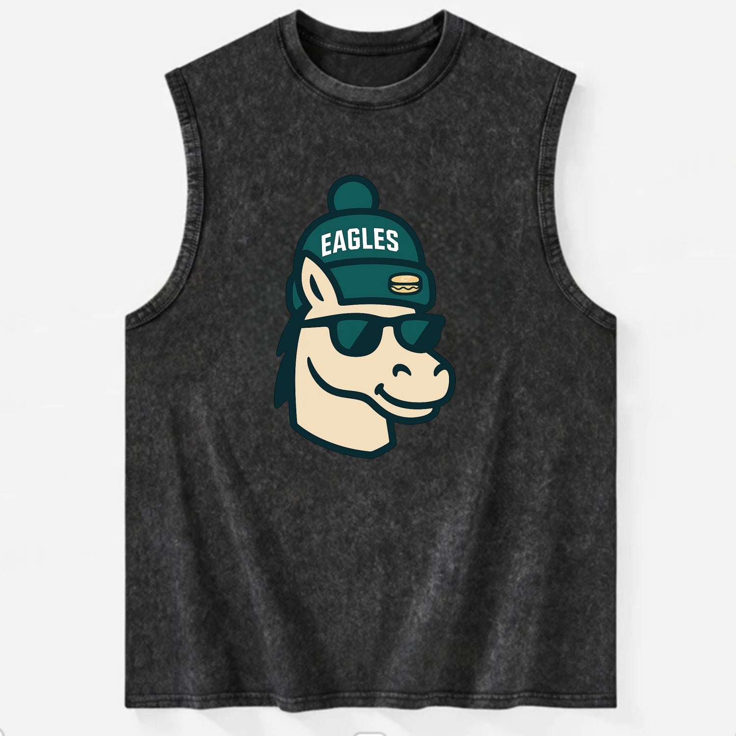 Philadelphia Horse wearing Eagles beanie with cheesesteak patch and wayfarer - Vintage Washed Tank - Black
