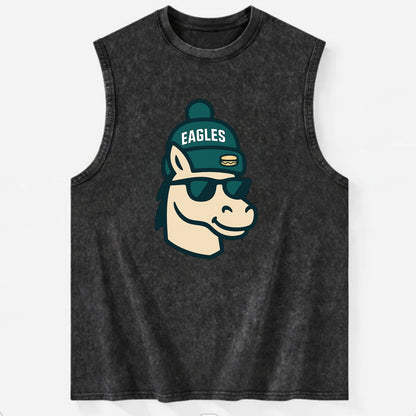 Philadelphia Horse wearing Eagles beanie with cheesesteak patch and wayfarer - Vintage Washed Tank - Black