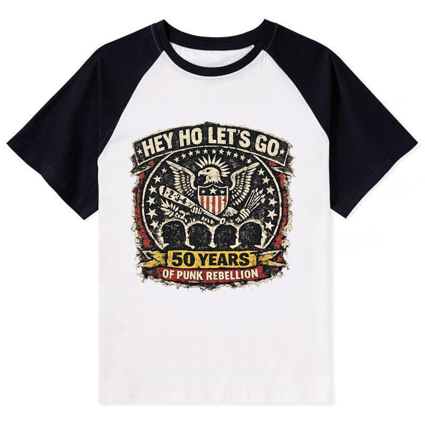 RAMONES LEGACY | Hey Ho Let's Go typography | Presidential seal parody | - Contrast Raglan T-shirt - Black
