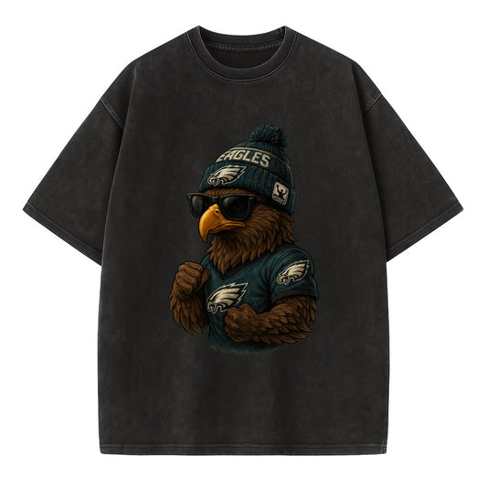 Philly Hawk wearing Eagles beanie with Rocky patch and wayfarer sunglasses - Vintage T-shirt - Black