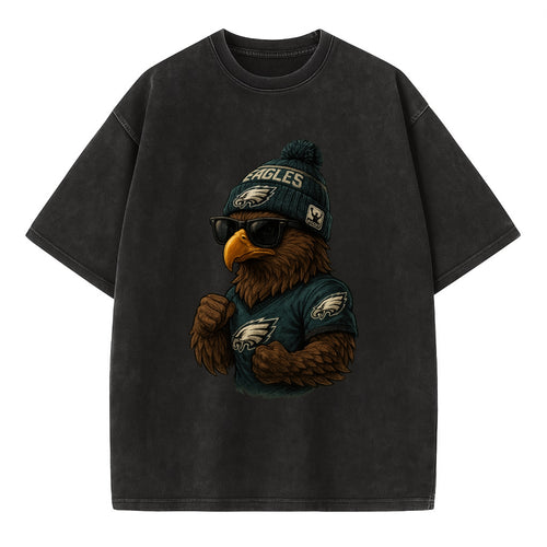 Philly Hawk wearing Eagles beanie with Rocky patch and wayfarer sunglasses - Vintage T-shirt