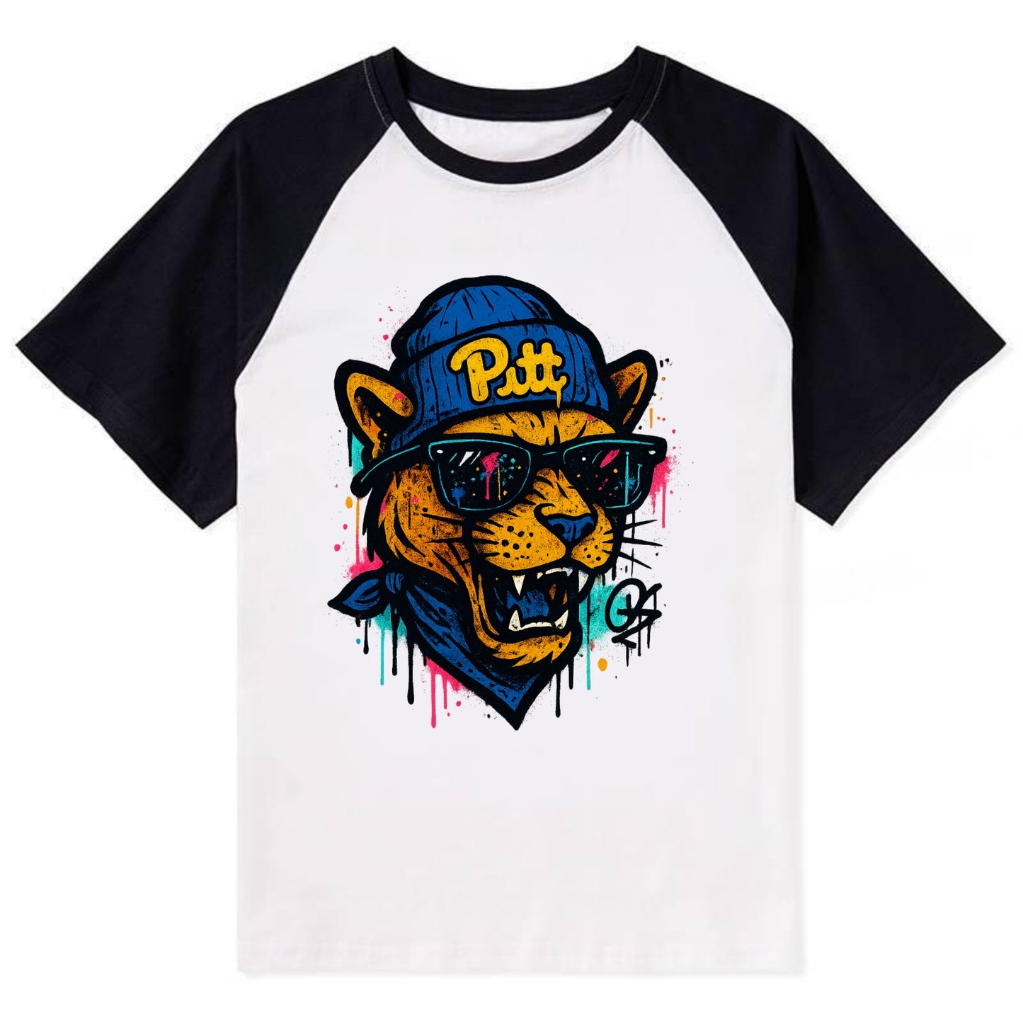 Pittsburgh Panther wearing Pitt beanie with script patch - Contrast Raglan T-shirt - Black