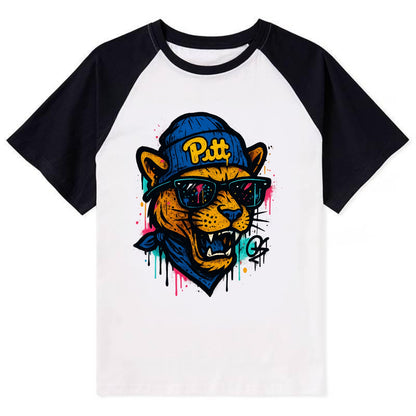 Pittsburgh Panther wearing Pitt beanie with script patch - Contrast Raglan T-shirt - Black