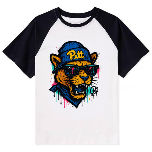 Pittsburgh Panther wearing Pitt beanie with script patch - Contrast Raglan T-shirt - Black