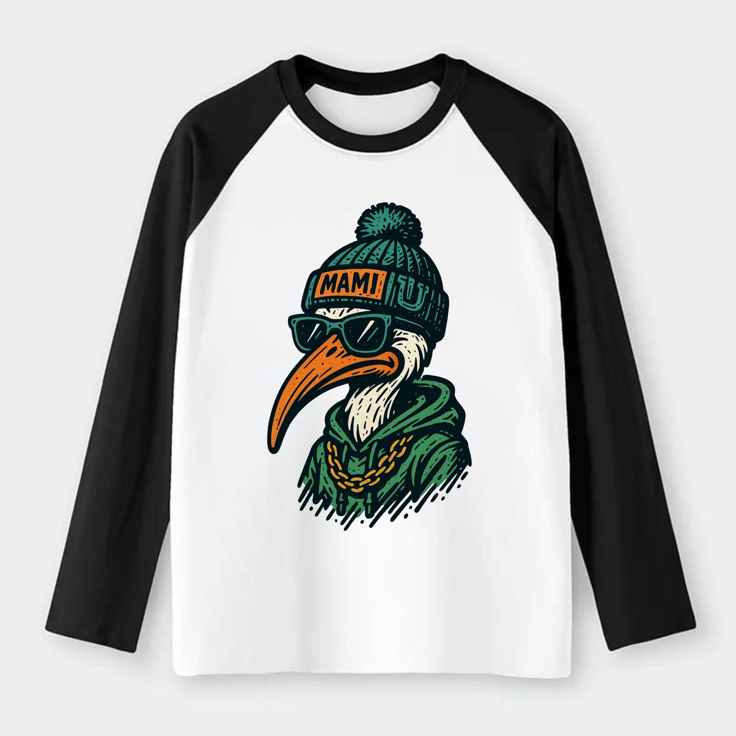 Coral Gables Ibis wearing Miami beanie with U patch - Raglan Long Sleeve T-Shirt - Black