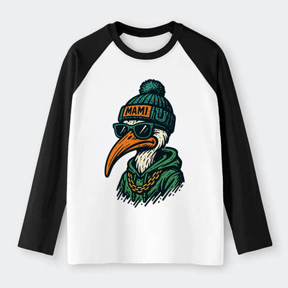 Coral Gables Ibis wearing Miami beanie with U patch - Raglan Long Sleeve T-Shirt - Black