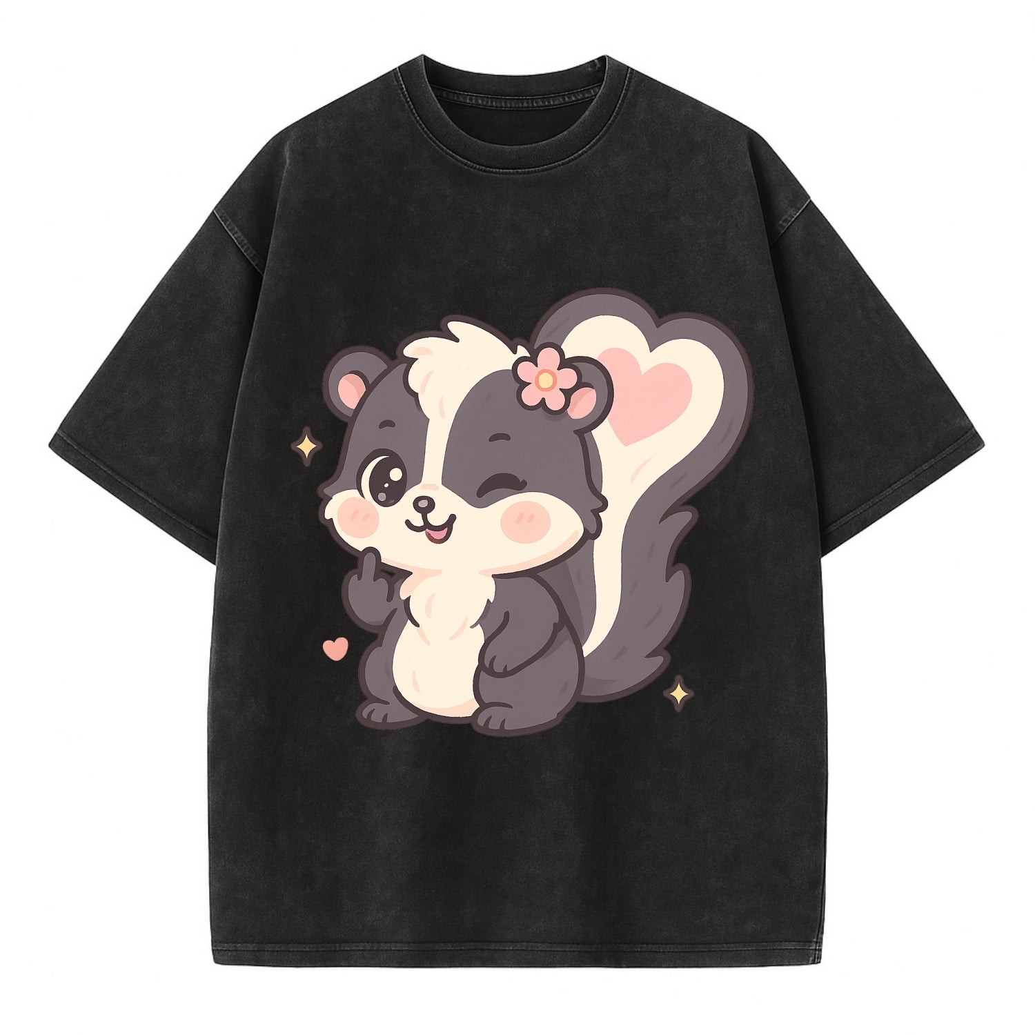 fluffy skunk with heart-shaped tail pattern, one paw up showing sass - Vintage T-shirt - Black