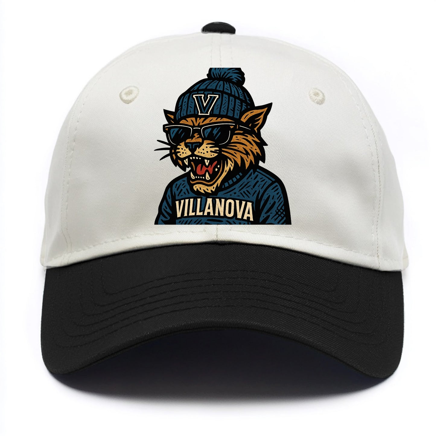 Villanova Wildcat wearing Villanova beanie with V patch - Two Tone Cap - Black