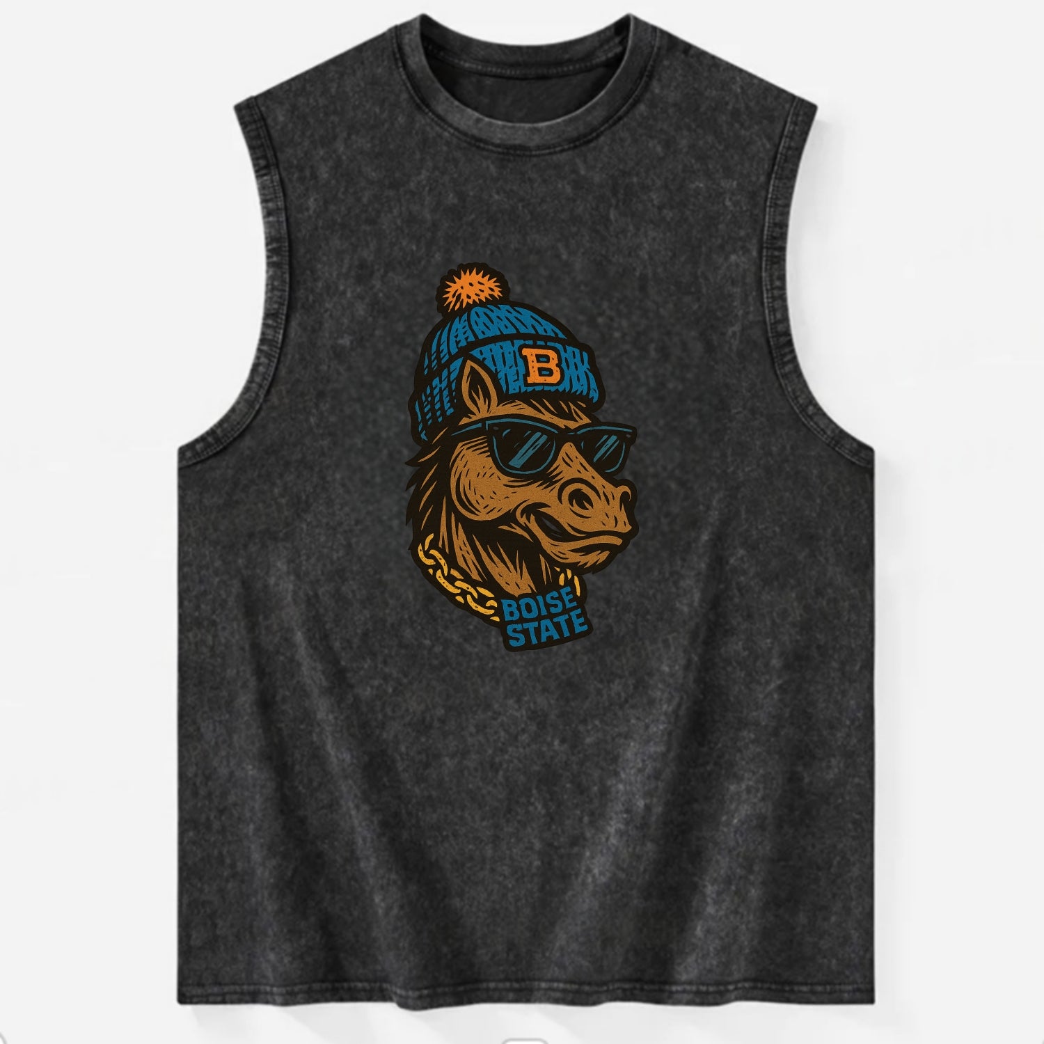 Boise Bronco wearing Boise State beanie with B patch - Vintage Washed Tank - Black